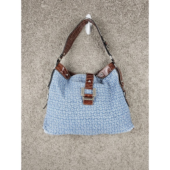 Vintage Y2K Guess Blue Denim Monogram All Over Print Large Bag Tote Purse - Picture 1 of 16